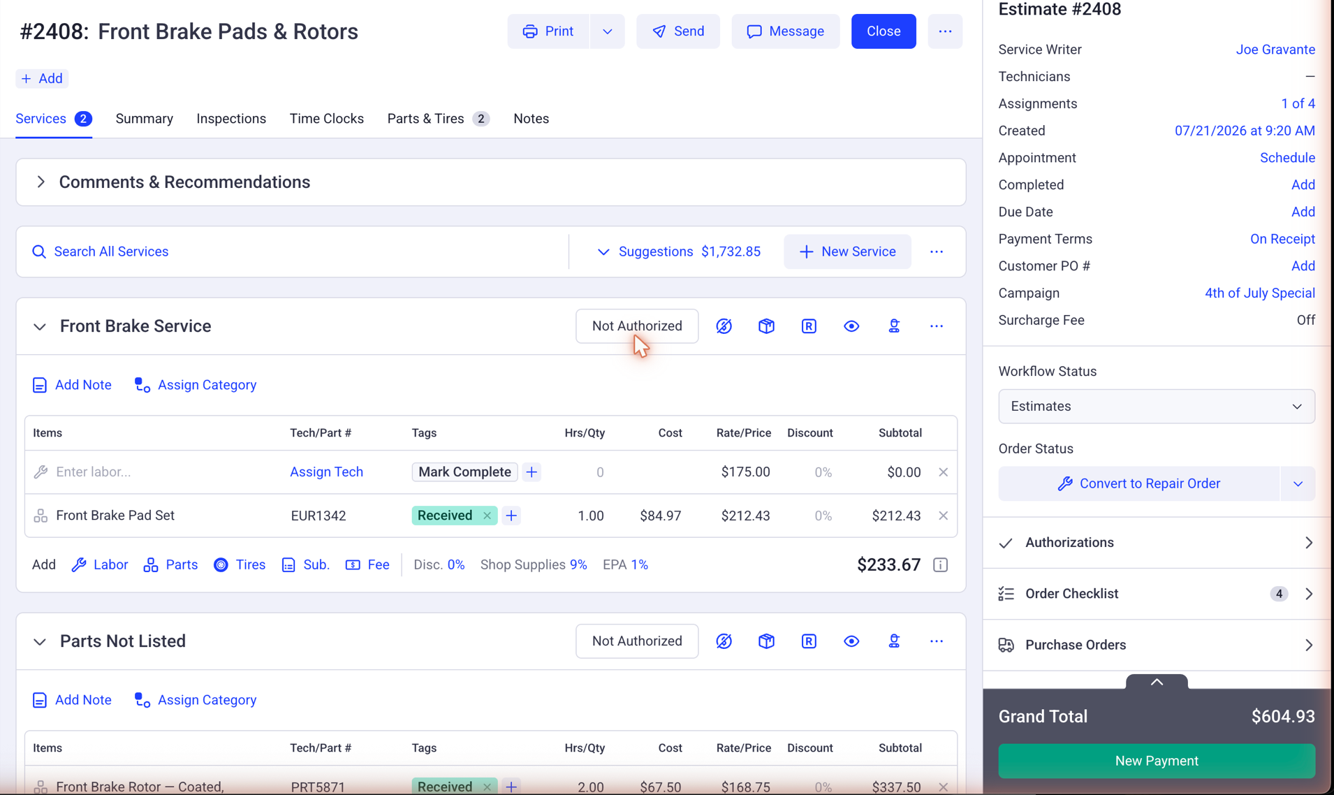 A repair order in Shopmonkey after Brian's Paper Eliminator scanned a parts invoice — one part matched and tagged Received with the invoice's cost, and a part the order didn't have added automatically, also tagged Received.