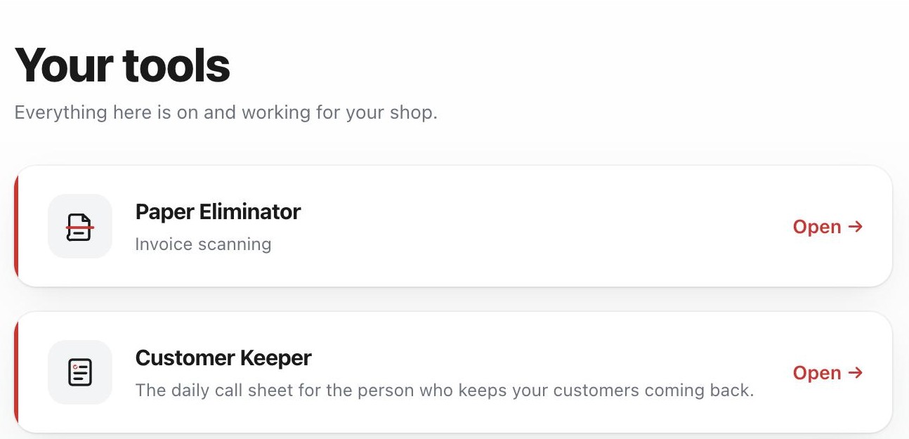 The hub after connecting — 'Your tools: everything here is on and working for your shop,' with the tools ready to open.