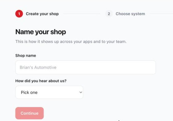 The Name your shop form — shop name field, a 'how did you hear about us' choice, and the Continue button.