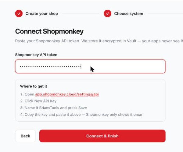 The connect screen — token pasted, the where-to-get-it instructions, and the Connect & finish button ready.
